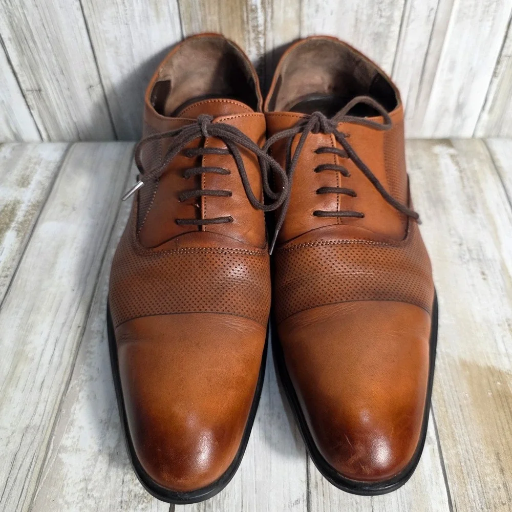 America Today 167 Mens Tan Leather Perforated Textured Oxford Dress Shoe Size 43